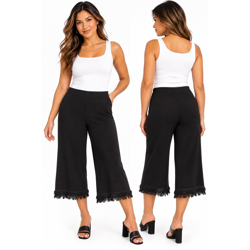 Lysse New York Black Wide Leg Crop Pants Eyelash Fringe Hem Size Lg minimalist